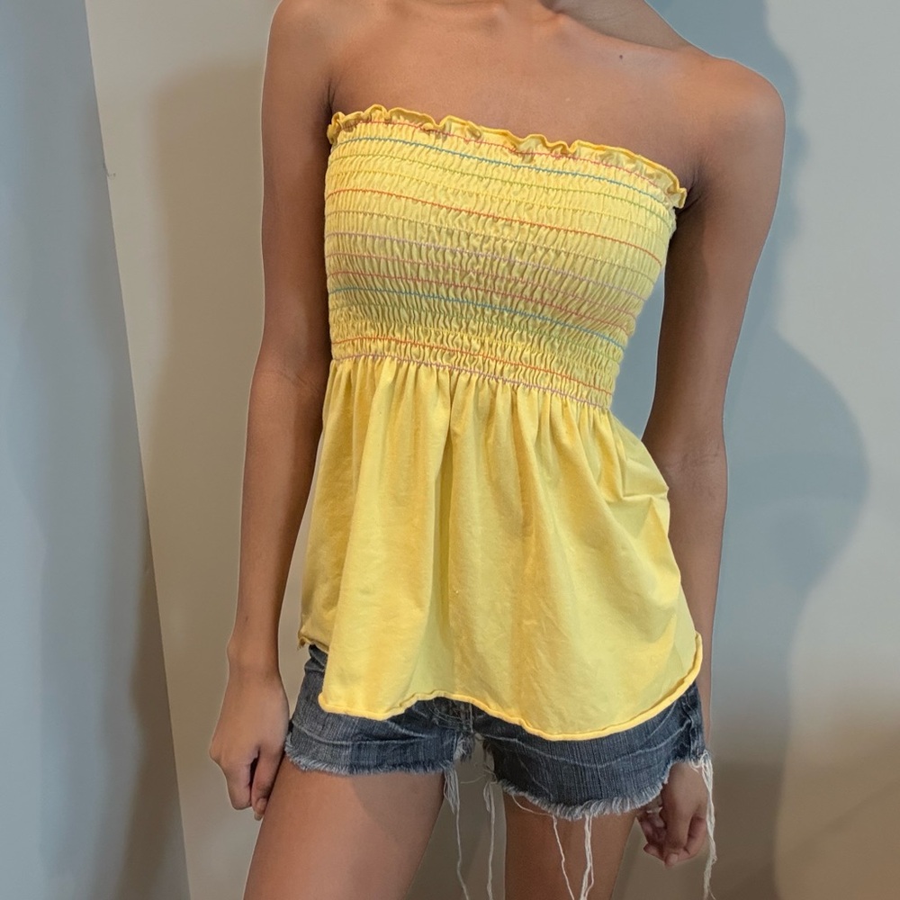 Vintage Yellow Strapless Smocked Peplum Top
